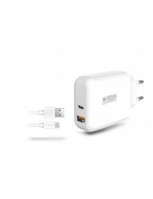 Hálózati töltő, 1xUSB-A (18W), 1xUSB-C (45W), USB-A–USB-C kábel, URBAN FACTORY